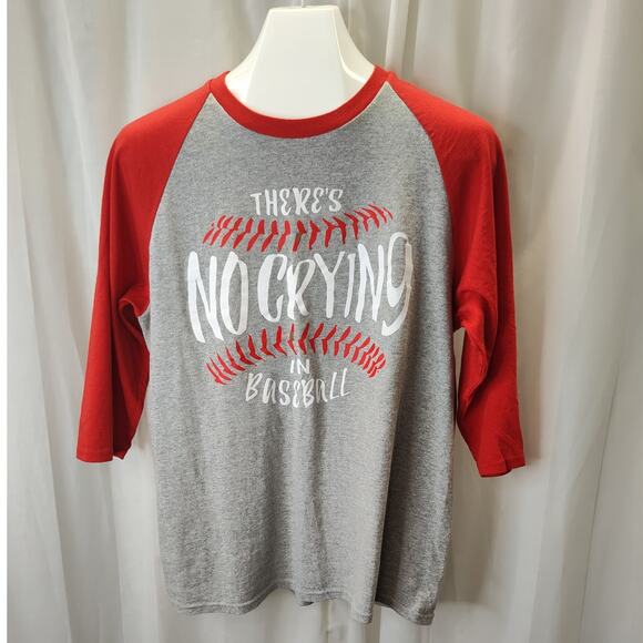 Gildan Red Heather Gray "There's No Crying in Baseball" Henley, M - Picture 1 of 8